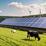 **Prompt:** A modern Polish farm with solar panels on the barn roof and a wind turbine in the field, showcasing sustainable energy. Include cows grazing peacefully in the background. Focus on bright, natural lighting and a feeling of eco-friendly farming.