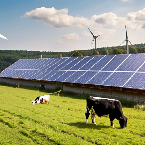 **Prompt:** A modern Polish farm with solar panels on the barn roof and a wind turbine in the field, showcasing sustainable energy. Include cows grazing peacefully in the background. Focus on bright, natural lighting and a feeling of eco-friendly farming.