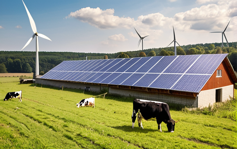 **Prompt:** A modern Polish farm with solar panels on the barn roof and a wind turbine in the field, showcasing sustainable energy. Include cows grazing peacefully in the background. Focus on bright, natural lighting and a feeling of eco-friendly farming.