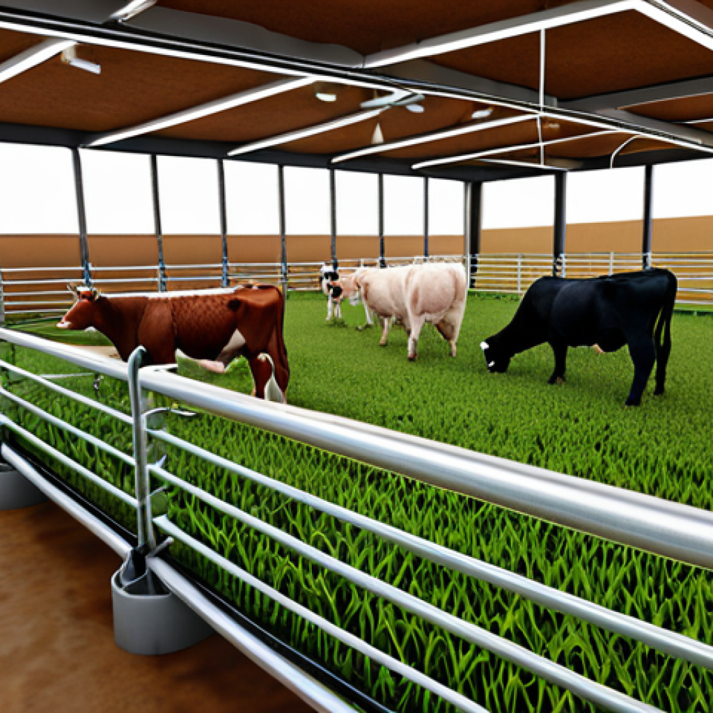 ** A modern farm scene showcasing precision feeding technology. Focus on sensors on livestock (cattle preferably) and automated feeding systems. Convey efficiency and animal well-being.

**