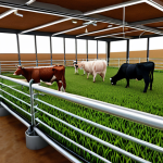 ** A modern farm scene showcasing precision feeding technology. Focus on sensors on livestock (cattle preferably) and automated feeding systems. Convey efficiency and animal well-being.

**