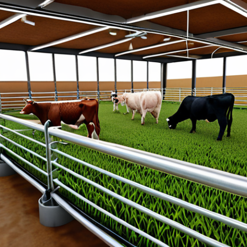 ** A modern farm scene showcasing precision feeding technology. Focus on sensors on livestock (cattle preferably) and automated feeding systems. Convey efficiency and animal well-being.

**