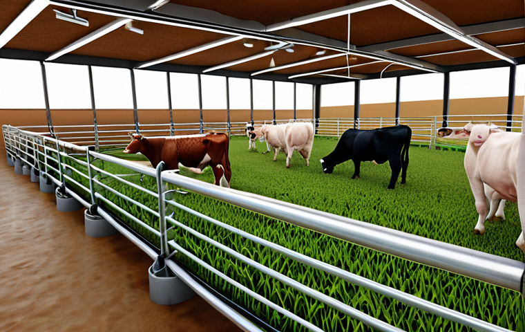 ** A modern farm scene showcasing precision feeding technology. Focus on sensors on livestock (cattle preferably) and automated feeding systems. Convey efficiency and animal well-being.

**